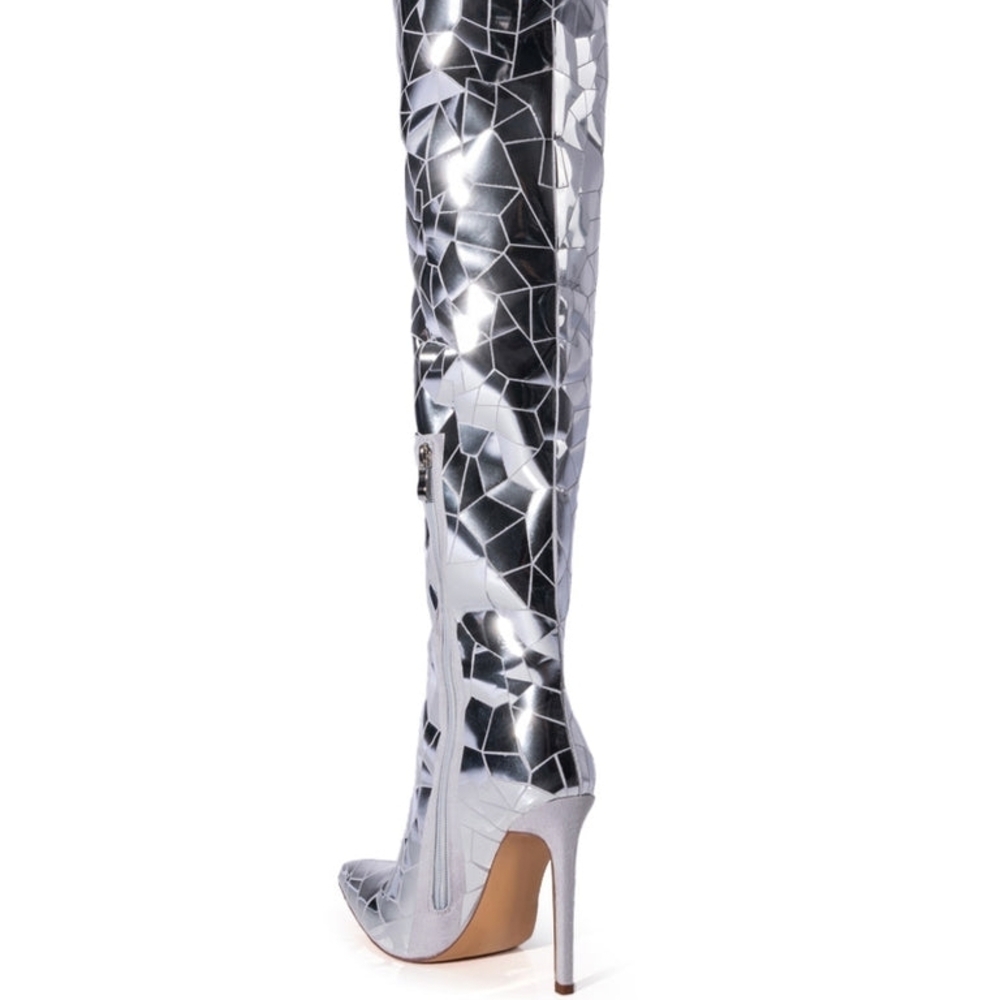 AZALEA WANG "SHATTERED INNOCENCE" Reflective Silver Women's Heeled Boots - Picture 6 of 9